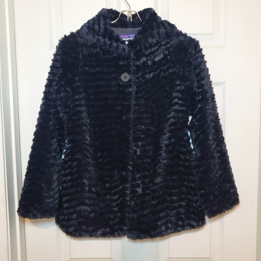 Patagonia Girls Pelage Fleece Faux Fur Jacket Coat Black 2 Buttons Size M 10